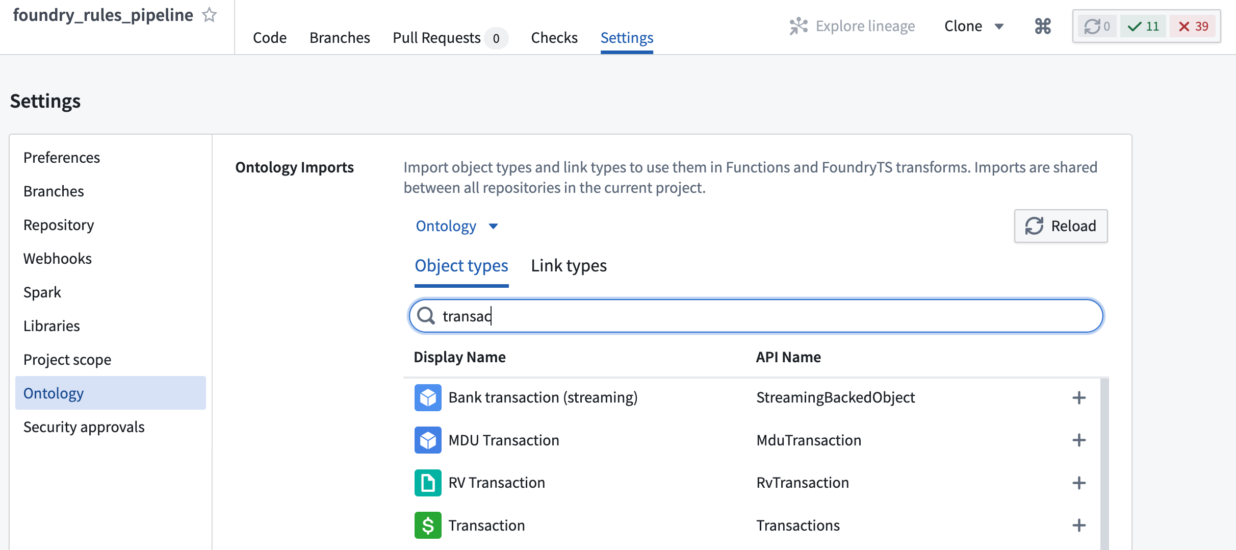 Ontology imports settings panel with imported object type