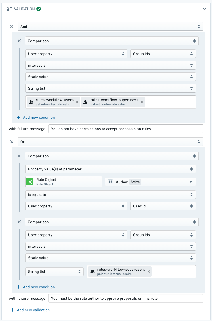 Action validation where you must first be in a users or superusers group AND either the rule author or a superuser