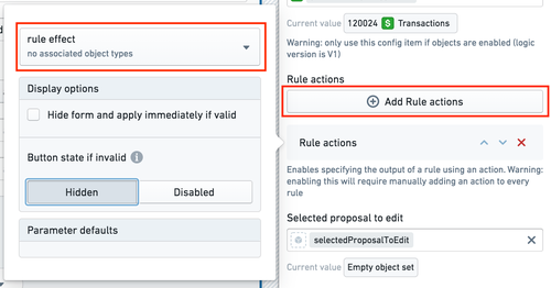 Configuring the available rule actions