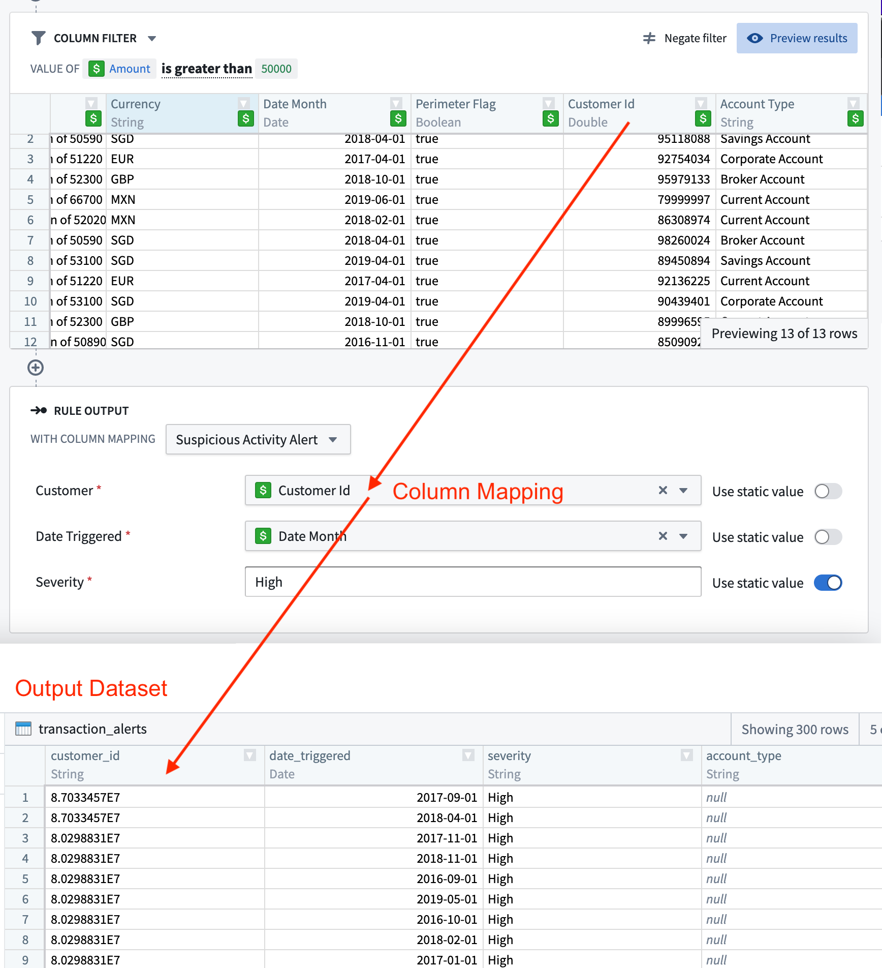 Configured rule Action with corresponding output dataset