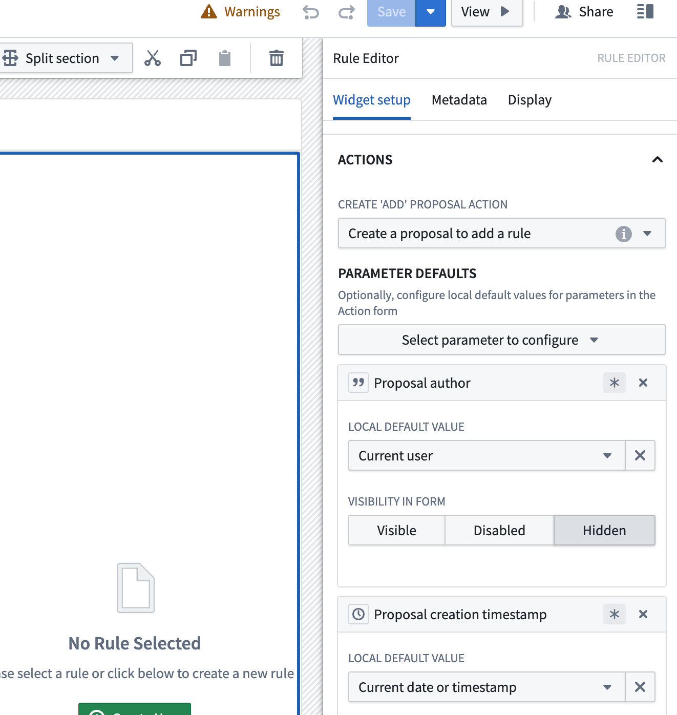 Workshop application Rule editor configuration panel screen