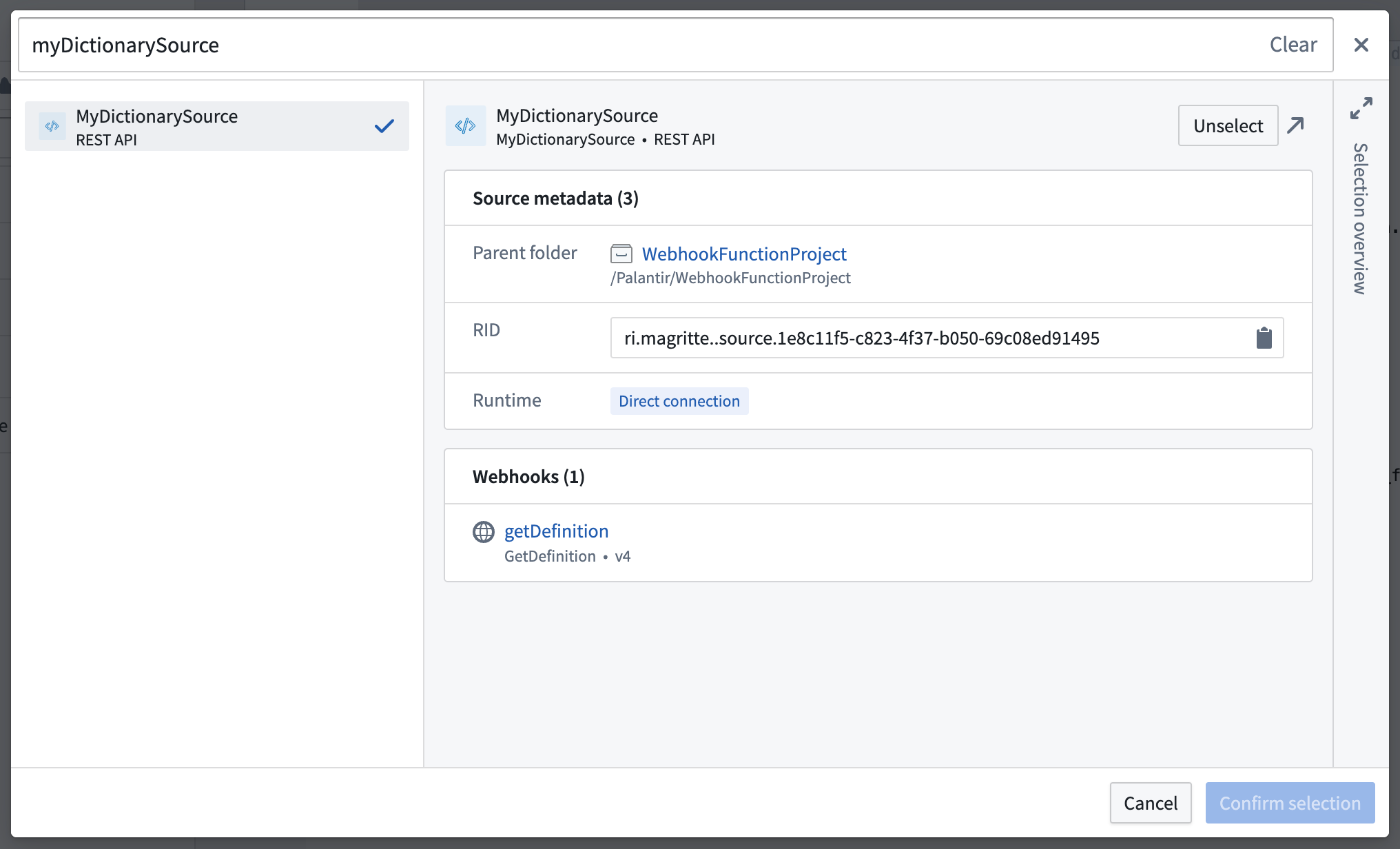 External functions source import modal showing a specific source selected for import