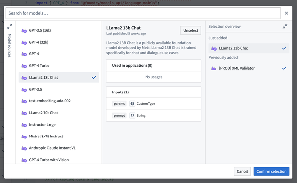 Model import dialog showing a few Palantir-provided LLMs.