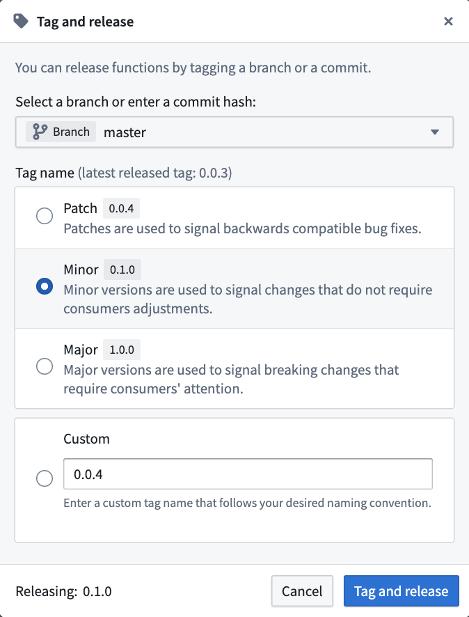 Choose the version type to tag for the new release.