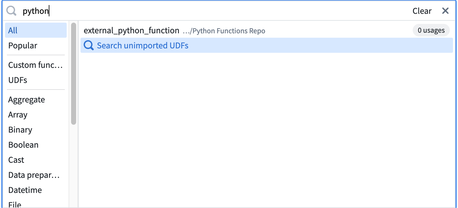 Search unimported UDFs in Pipeline Builder.