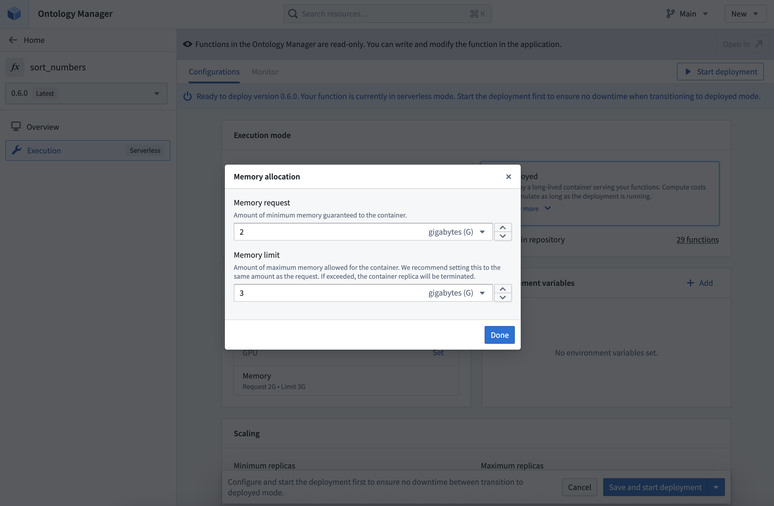 Modifying the memory allocation for a function in deployed mode.