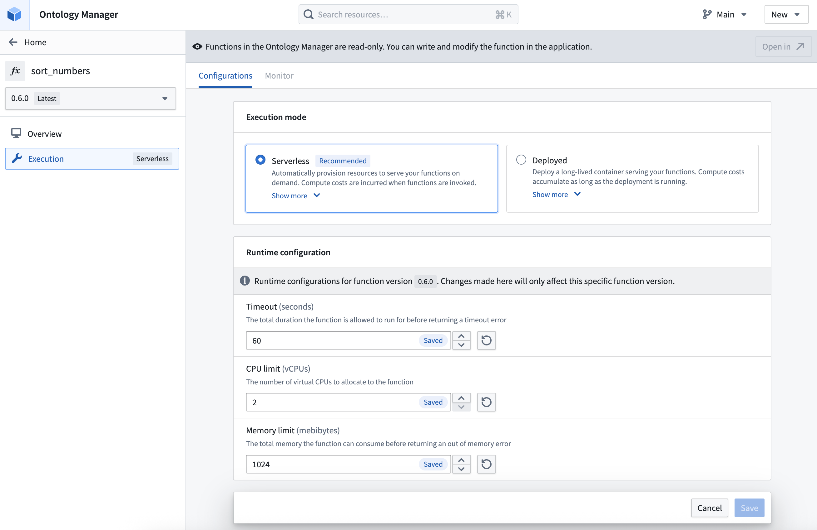The settings for a function in serverless mode.