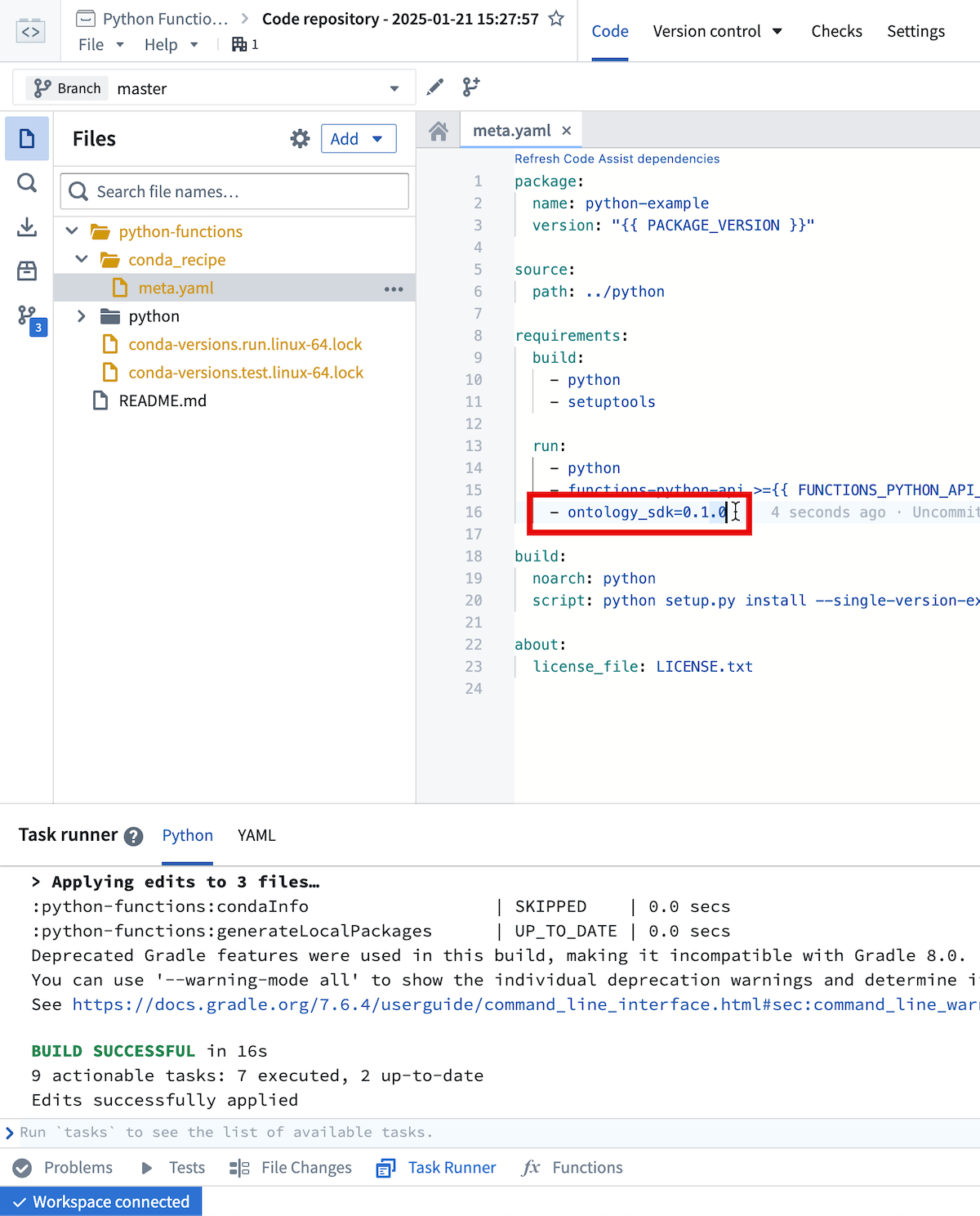 The meta.yml includes the installed SDK package.