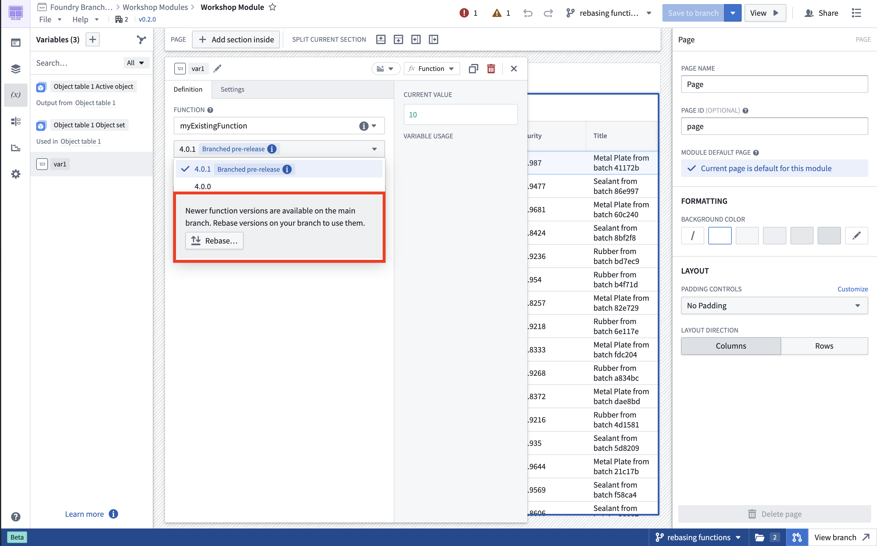 Rebasing functions dialog.