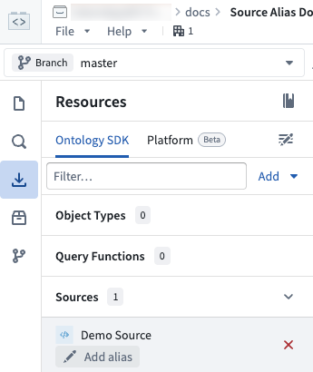 The Resource imports panel showing an imported source with an option to add an alias.