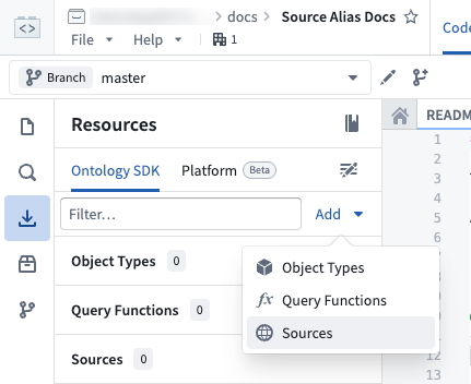 The Add dropdown in the Resource imports panel showing the Sources option.