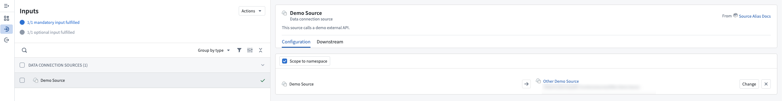 The installation view showing a source alias with a description and options to change the source or scope it to a namespace.