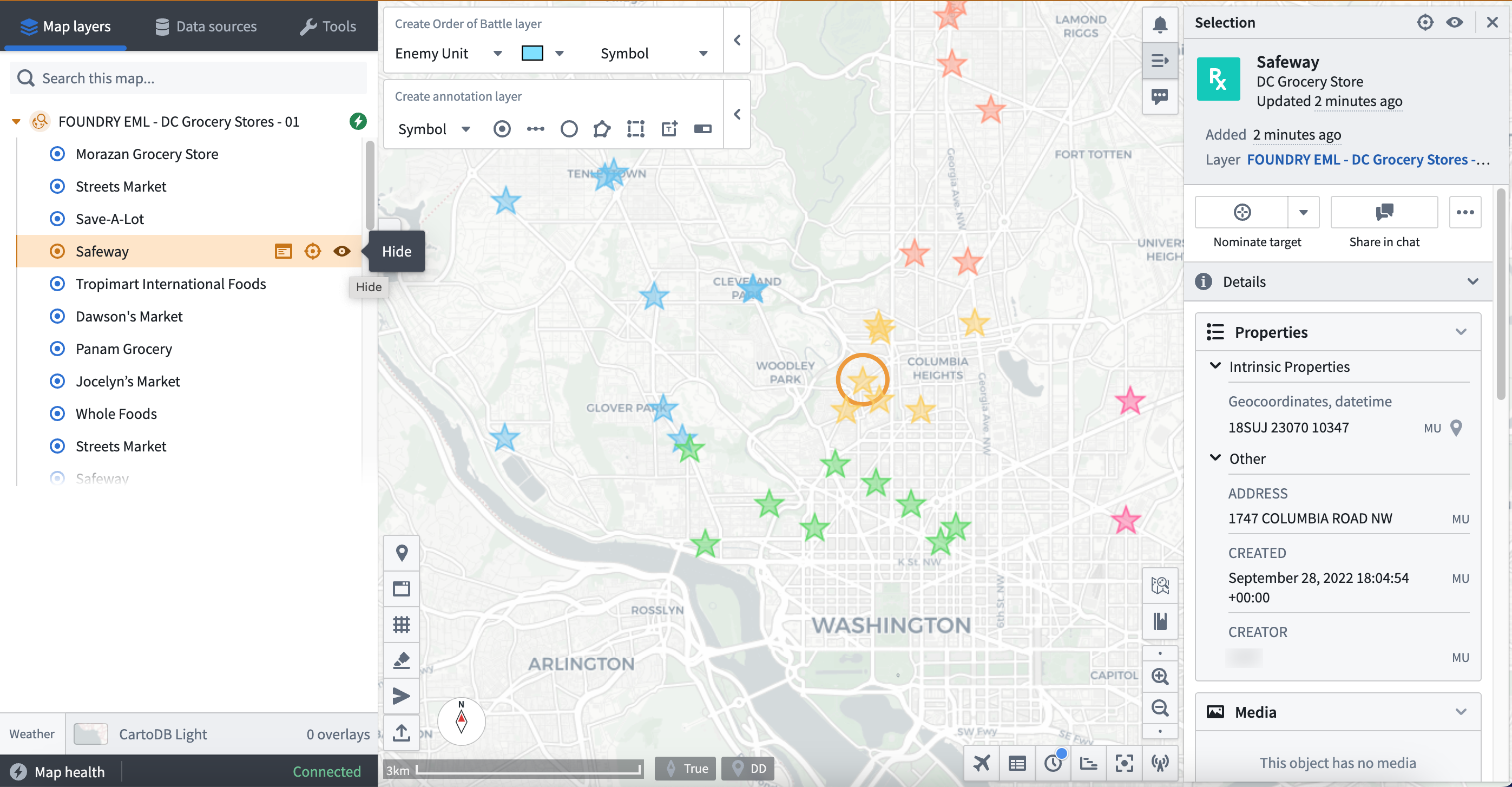 A Gaia map with a Foundry Function-backed EML is displayed, which presents an EML containing a collection of grocery store objects.