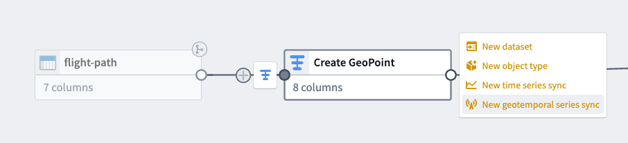 A Pipeline Builder pipeline is shown, where a user can create a new geotemporal series sync as an output for integration with Gaia.