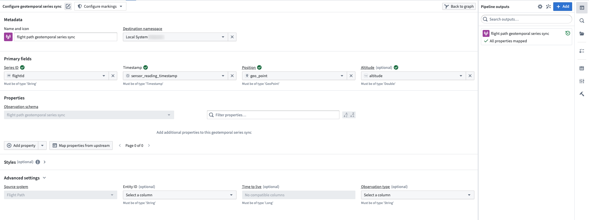 Pipeline Builder's configure geotemporal series sync screen is displayed, where a user maps fields from their transformation pipeline to a newly created geotemporal series sync.