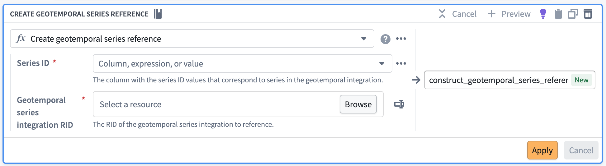 Displays the create geotemporal series reference expression in Pipeline Builder.