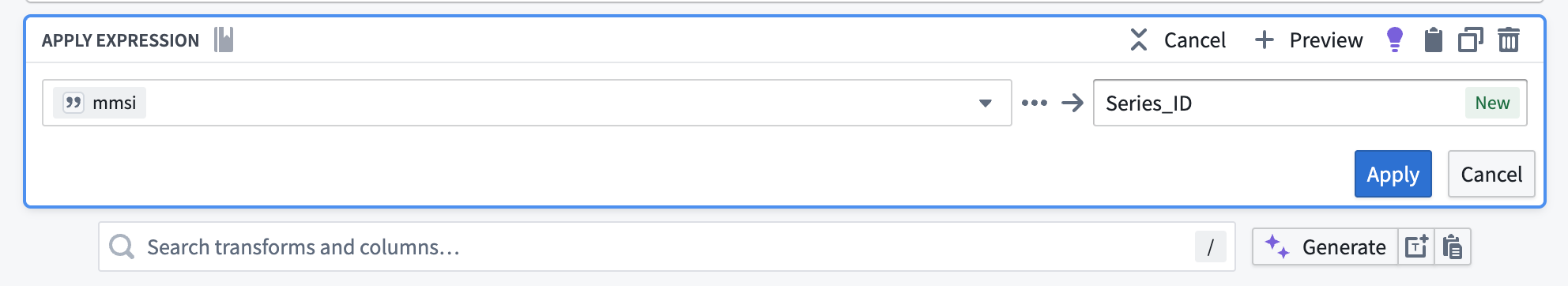 An Apply expression transform block in Pipeline Builder displays an expression copying one column's value into another.