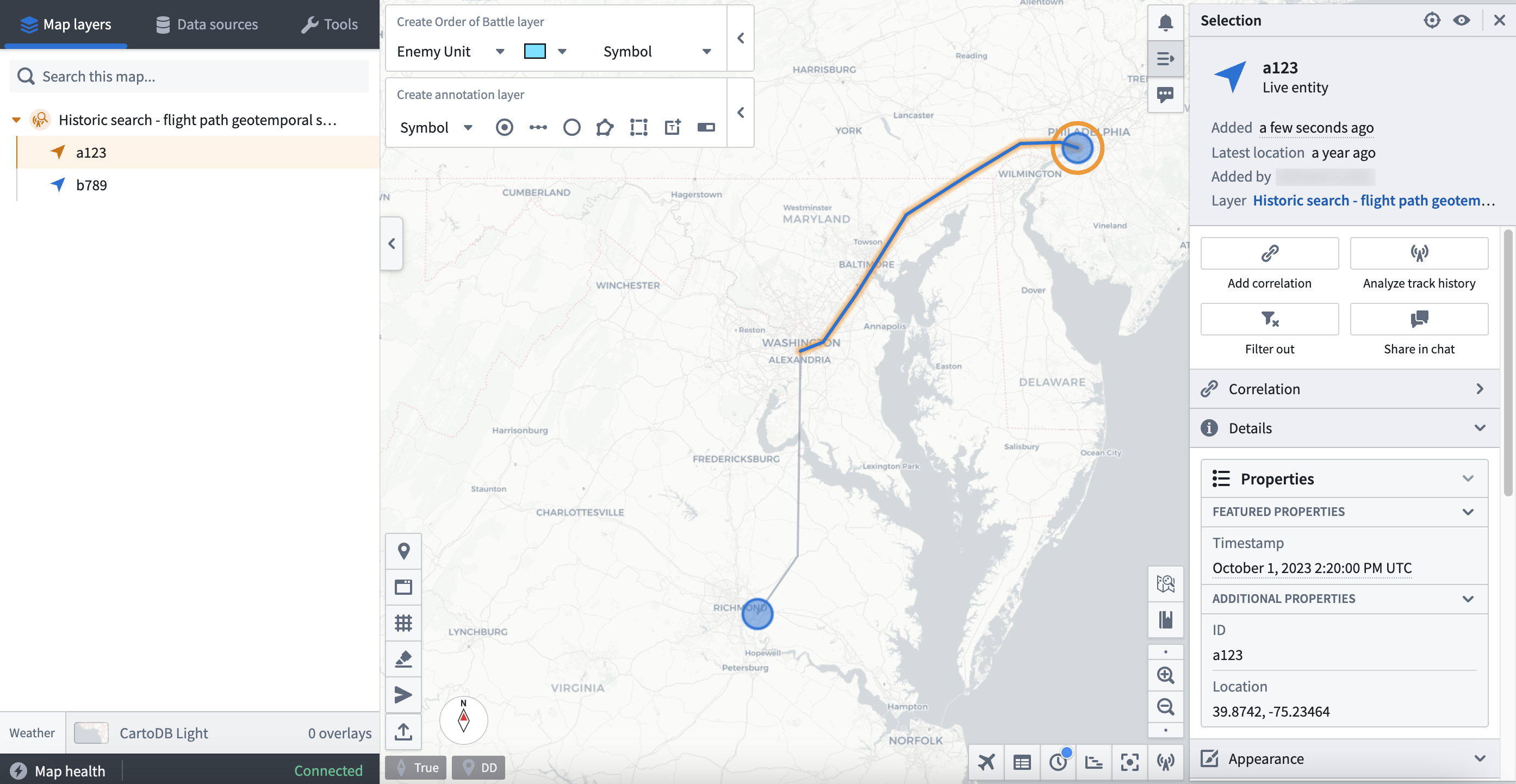 A Gaia map displays a geotemporal series sync depicting two flight paths.