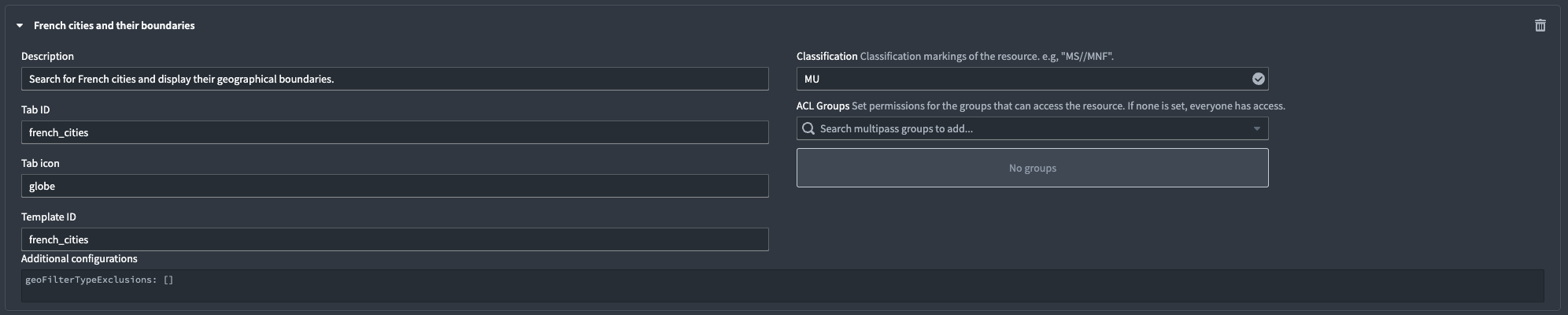 A configured geosearch panel is displayed in the Gaia admin application.