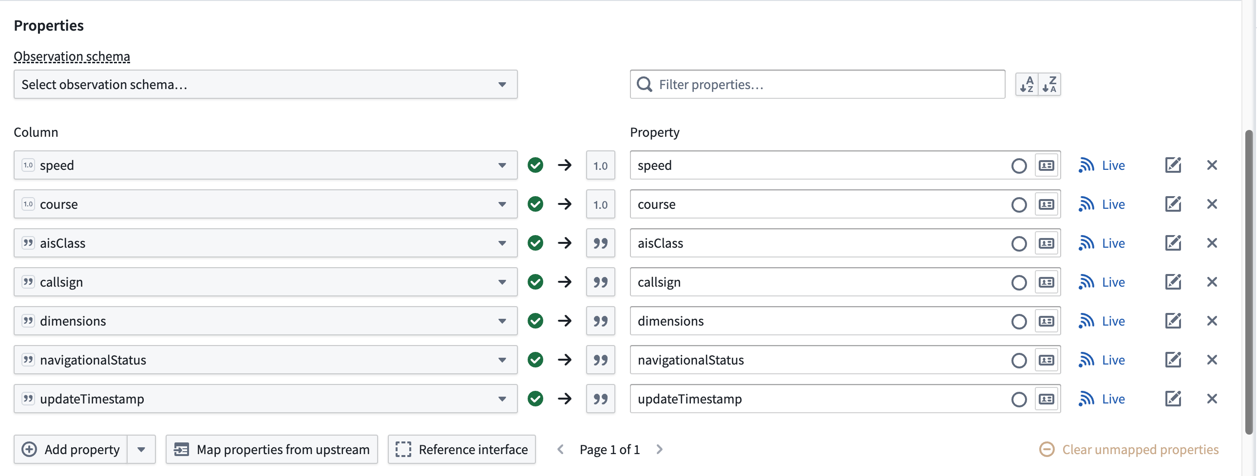 The additional properties within a geotemporal series sync are displayed.