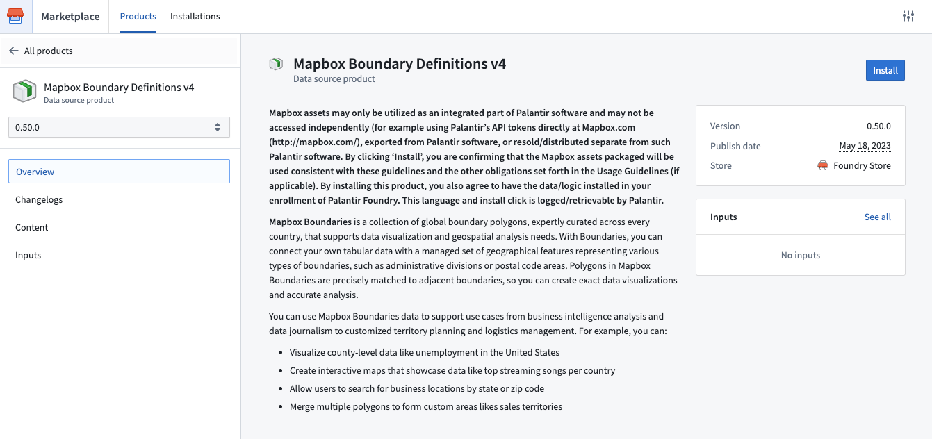 マーケットプレイスでの Mapbox Boundary Definitions v4 製品