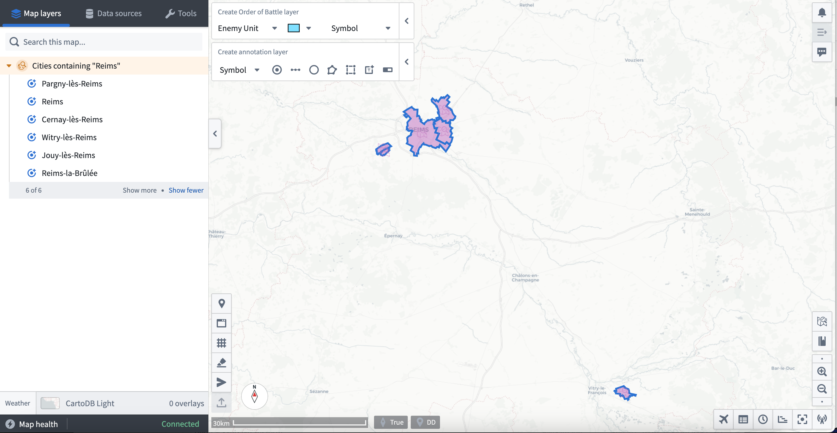 A Gaia map focused on a search template result for cities containing the keyword "Reims" is displayed.