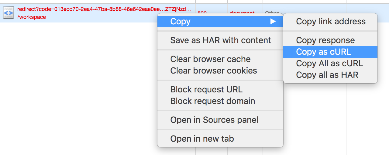 Screenshot showing right-select menu with "Copy as cURL" selected