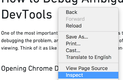 Screenshot of right-select menu with "Inspect" selected