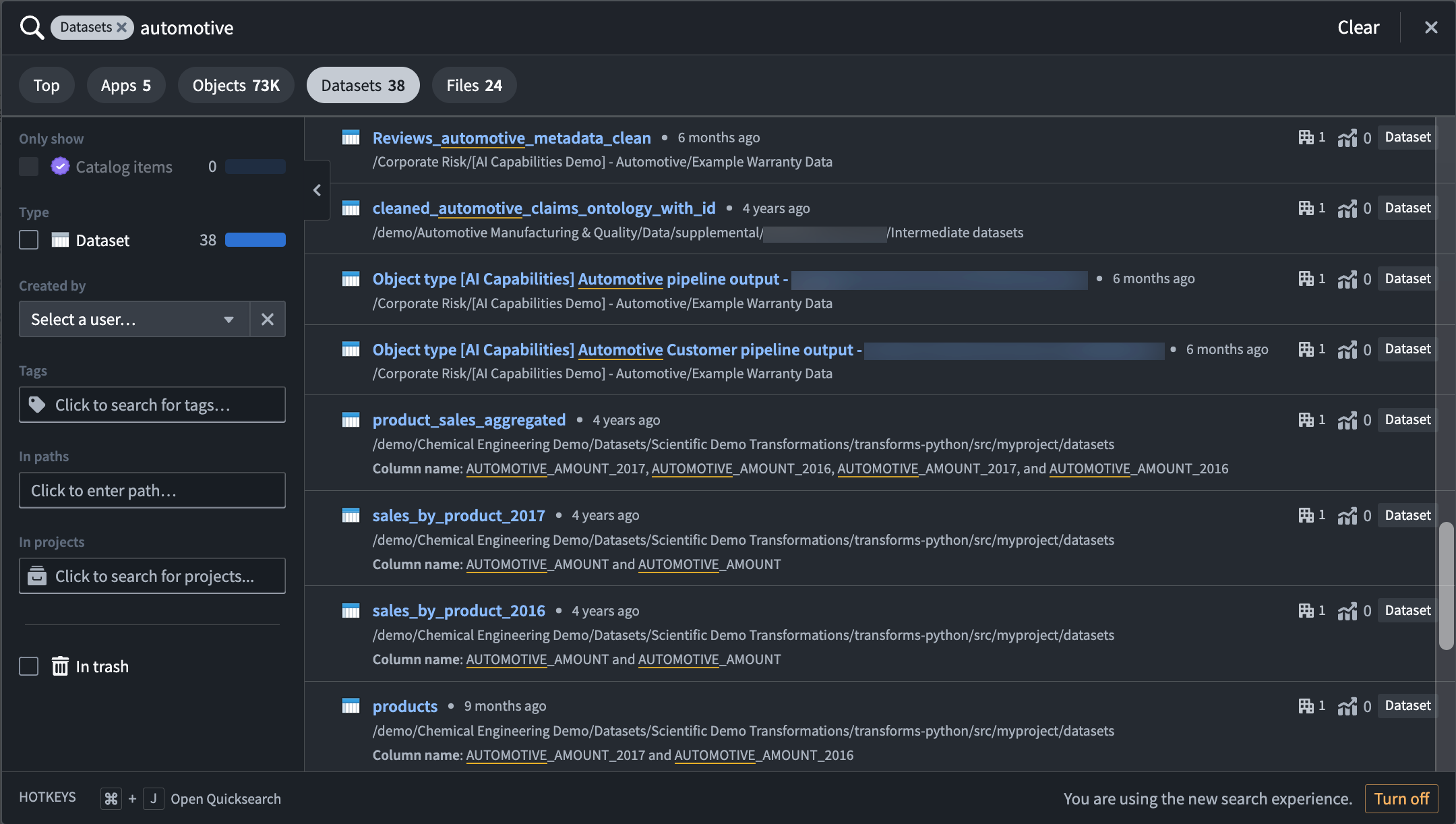 Searching for "automotive" results filtered by datasets.