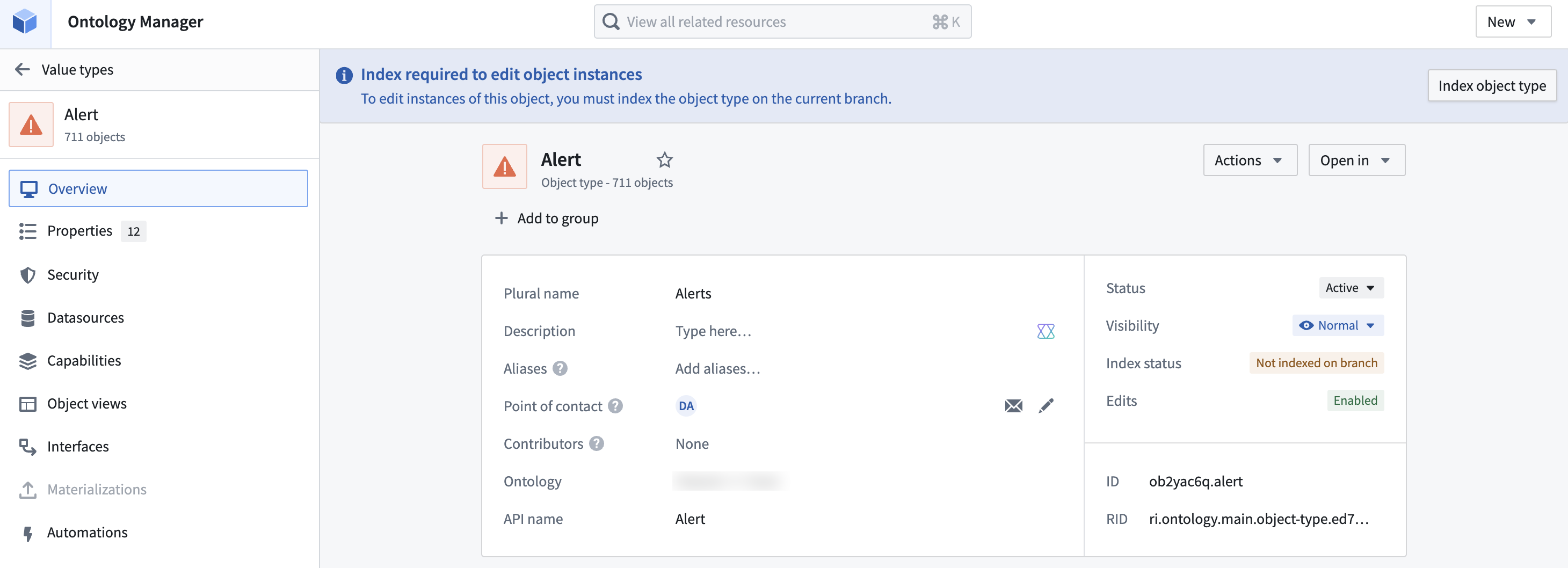 Notification to index is required to edit object instances on a branch on an object.