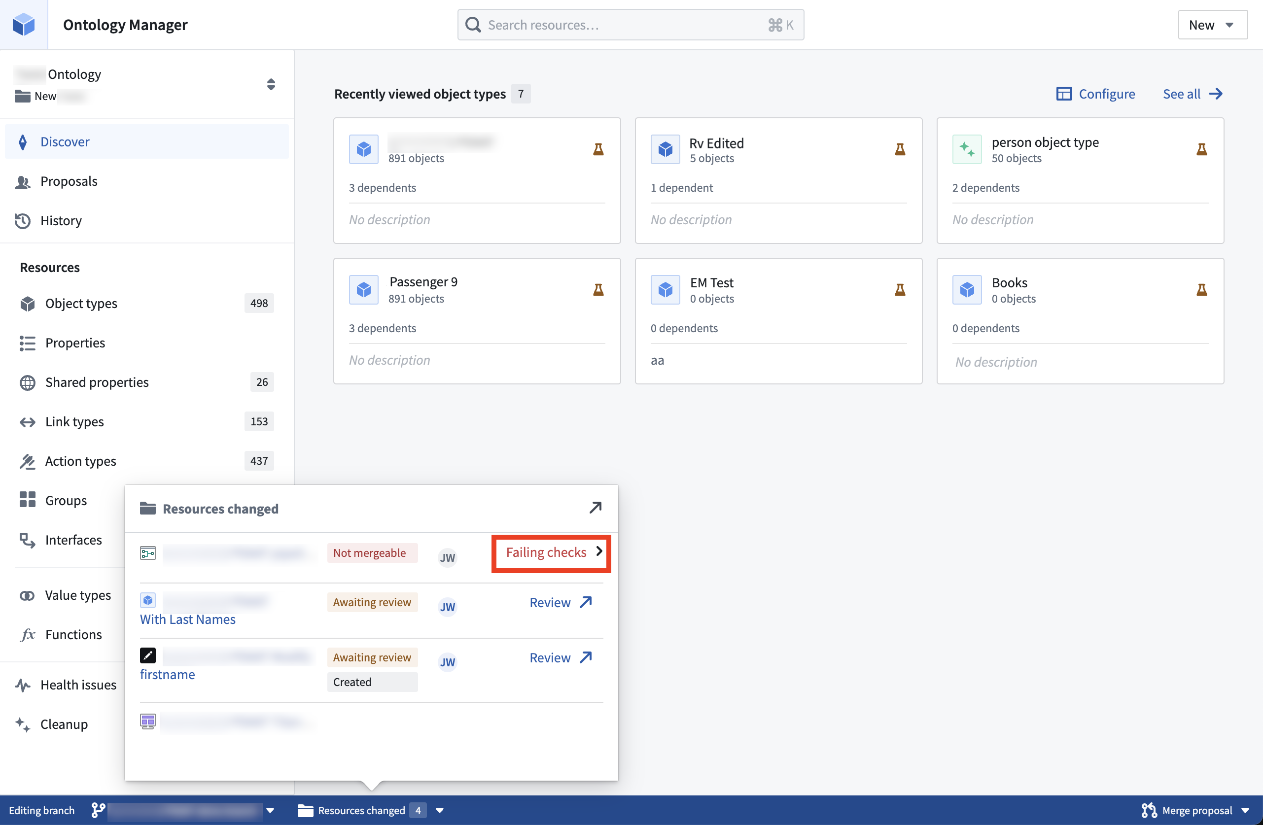 Viewing and resolving merge checks from the branch taskbar.