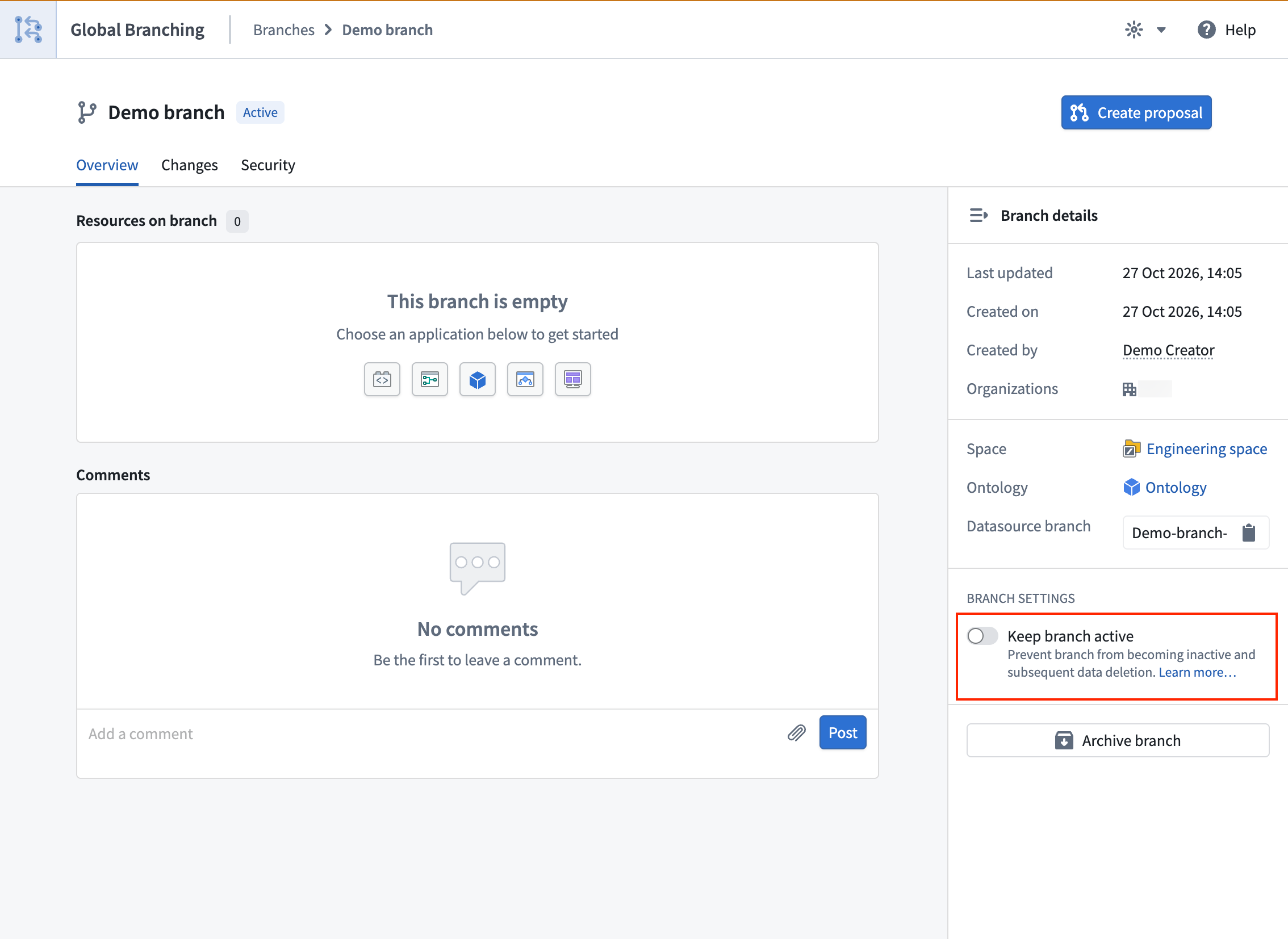 Setting Keep branch active in the branch page.