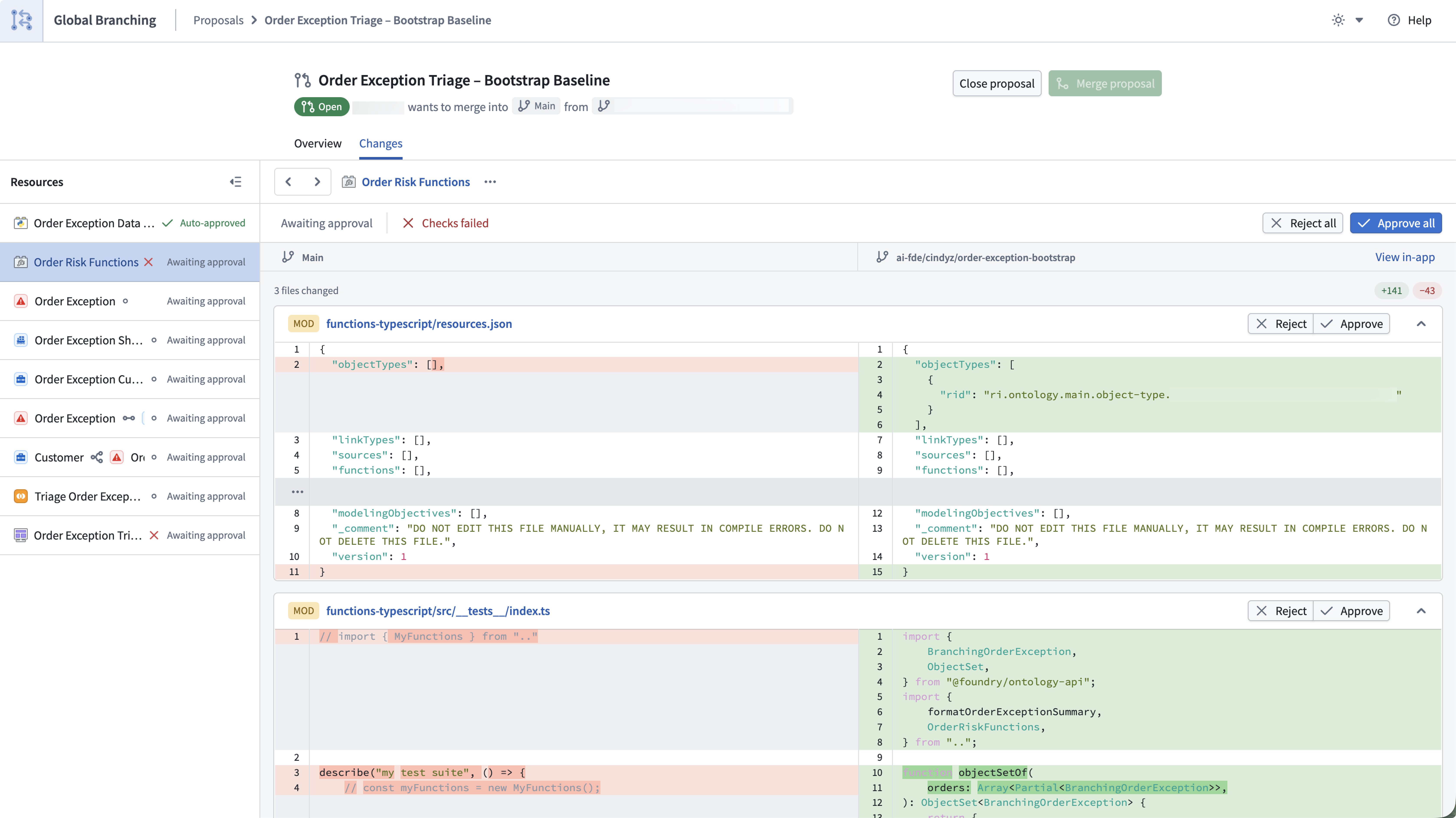 Viewing proposed changes on a branch in the Global Branching app.