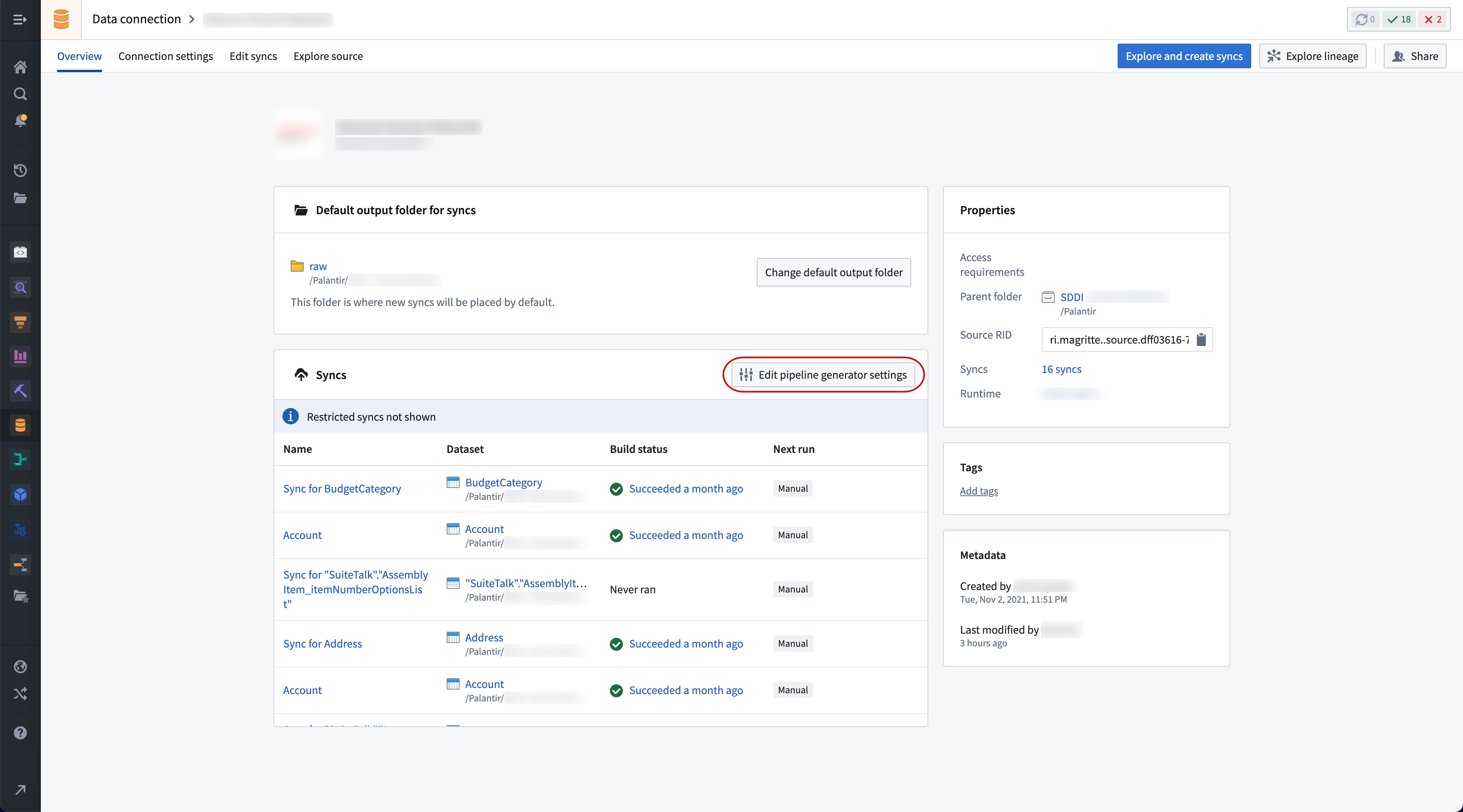 SDDI Source Overview Edit pipeline generator settings