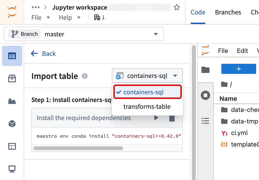 The Import table view showing the mode dropdown with the containers-sql option.