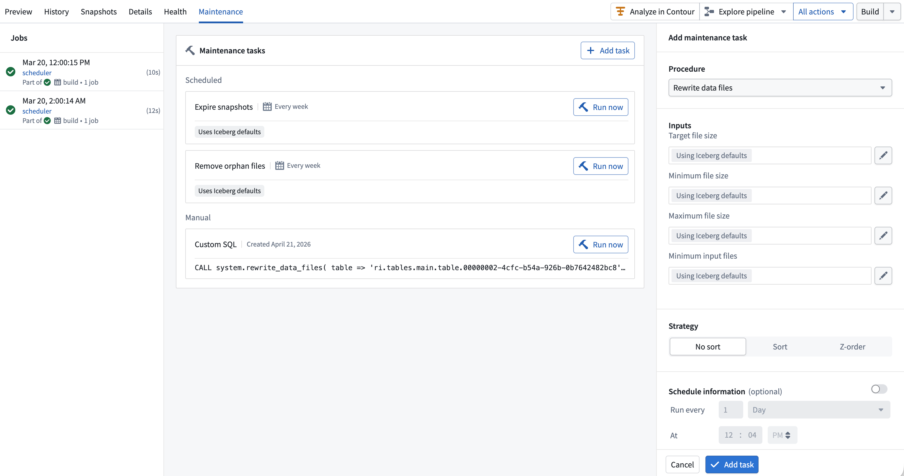 Screenshot of the Maintenance tab on a Foundry Iceberg table.
