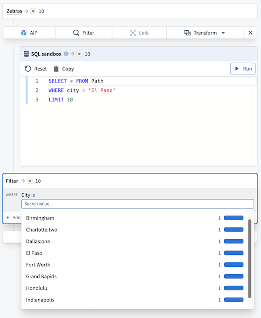 The SQL card shows a query editor with the analysis path data and a preview table of results.