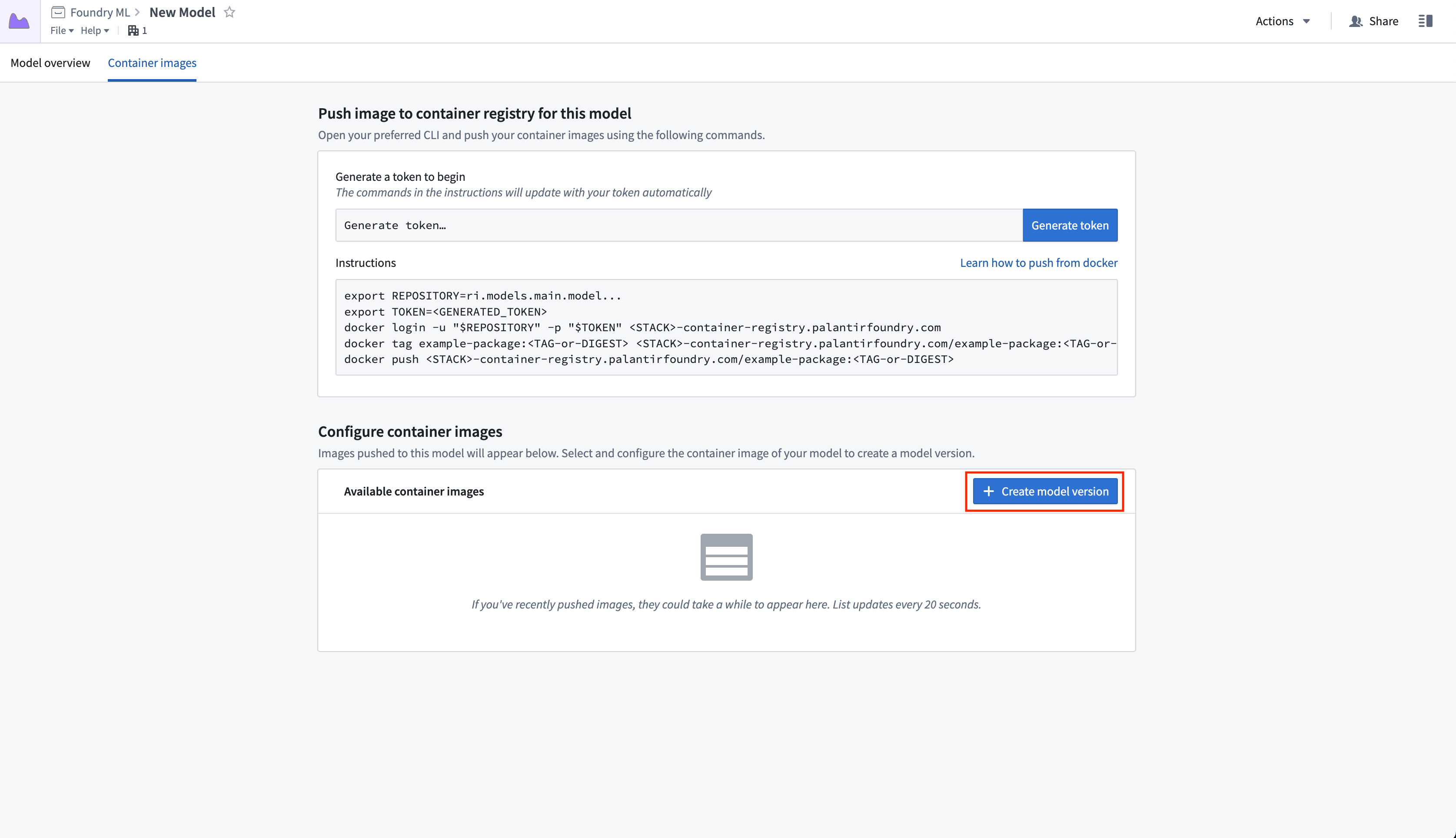 Container images tab, with create model version highlighted