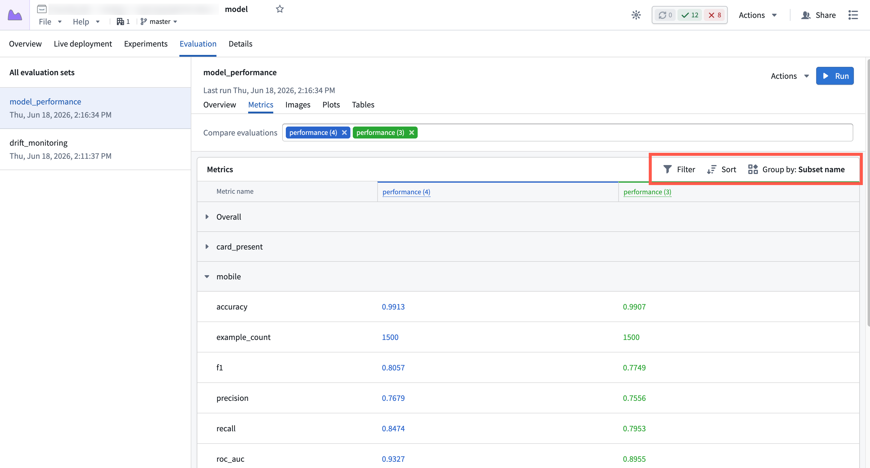 The Metrics tab table with the grouping and comparison controls highlighted.