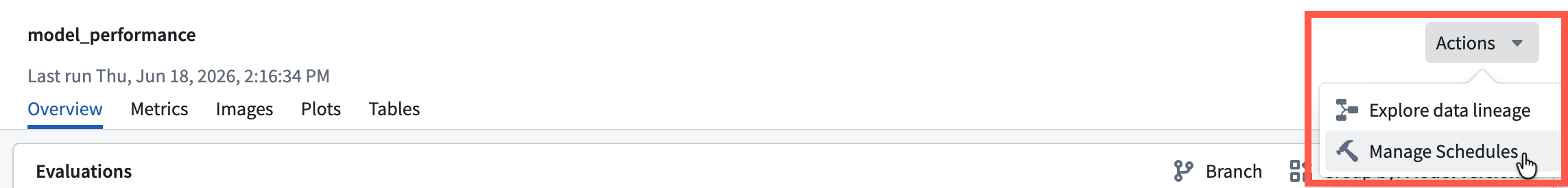 The Actions dropdown menu in the evaluations header.