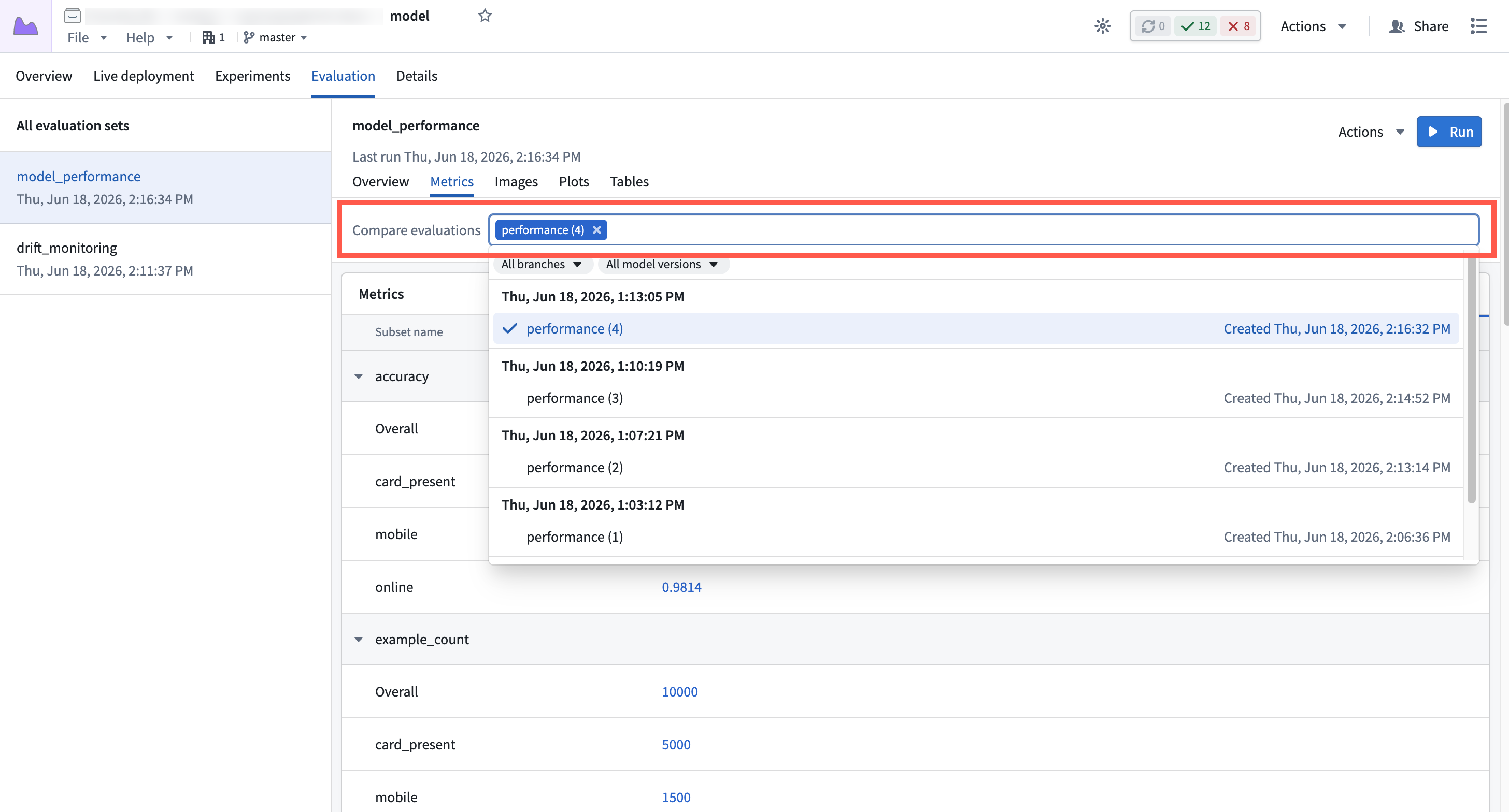 The Compare evaluations selector used to add more evaluations to the metrics view.