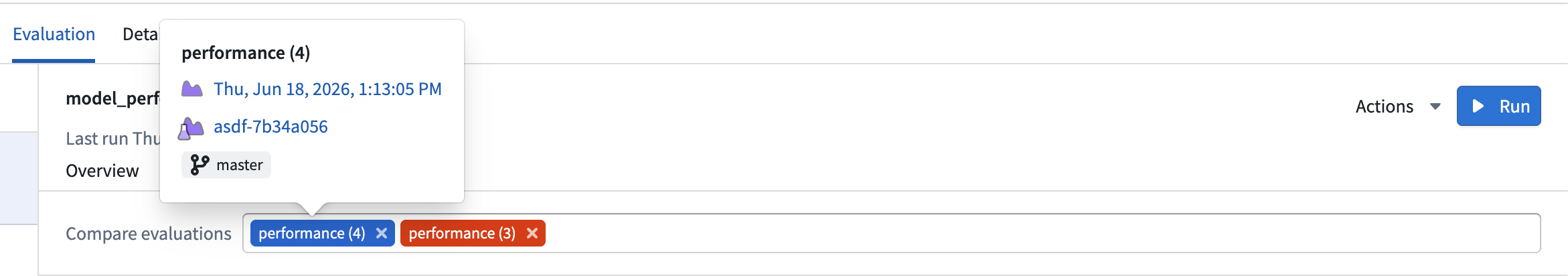 The popover shown when hovering over an evaluation in the Compare evaluations selector.