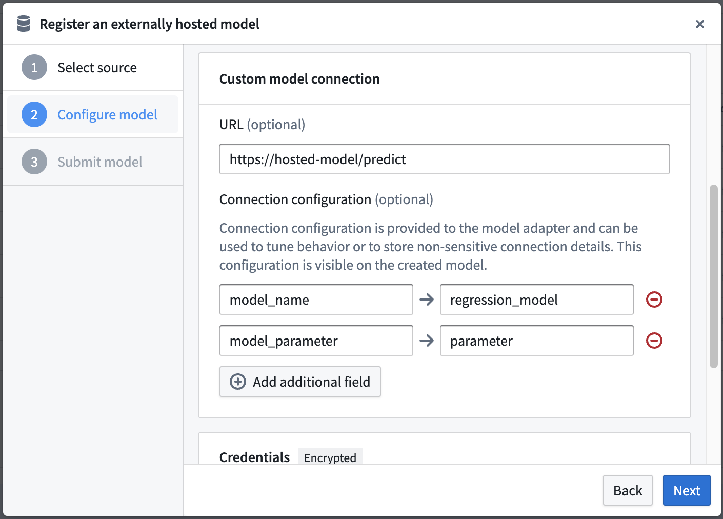 Define model configuration for an externally hosted model in Palantir Foundry