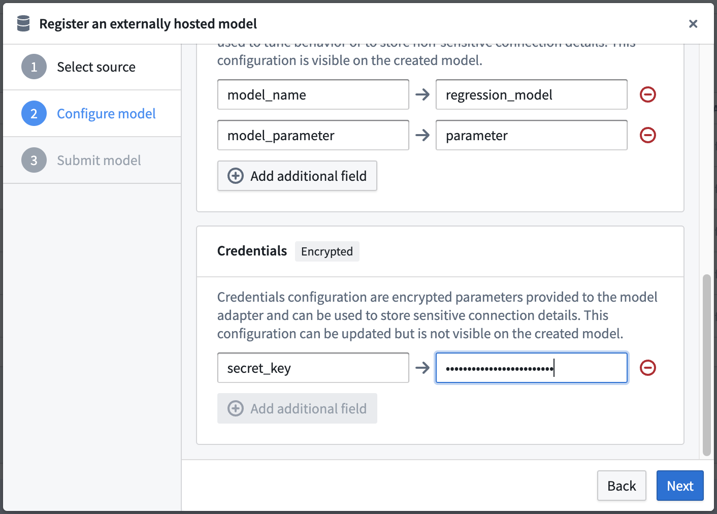 Define model credentials for an externally hosted model in Palantir Foundry