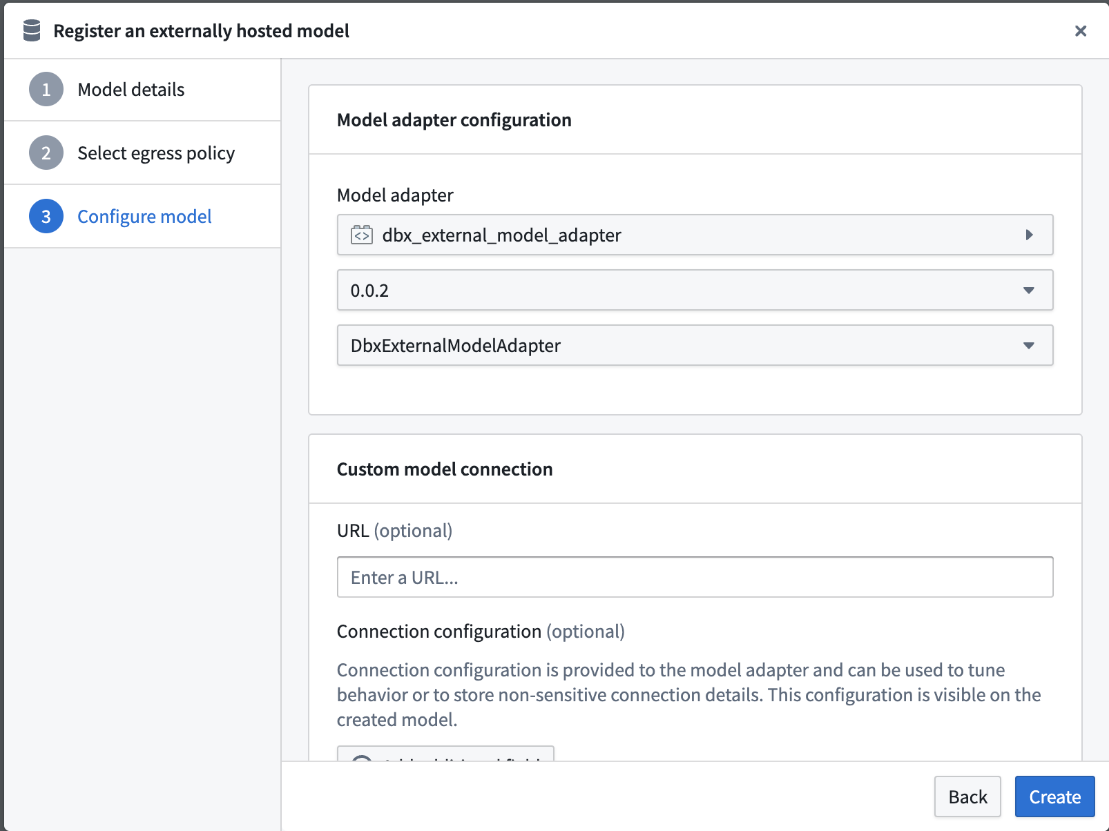 Model Adapter configuration panel for Databricks in Palantir Foundry