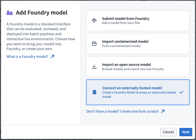 Select connect an externally hosted model in Palantir Foundry