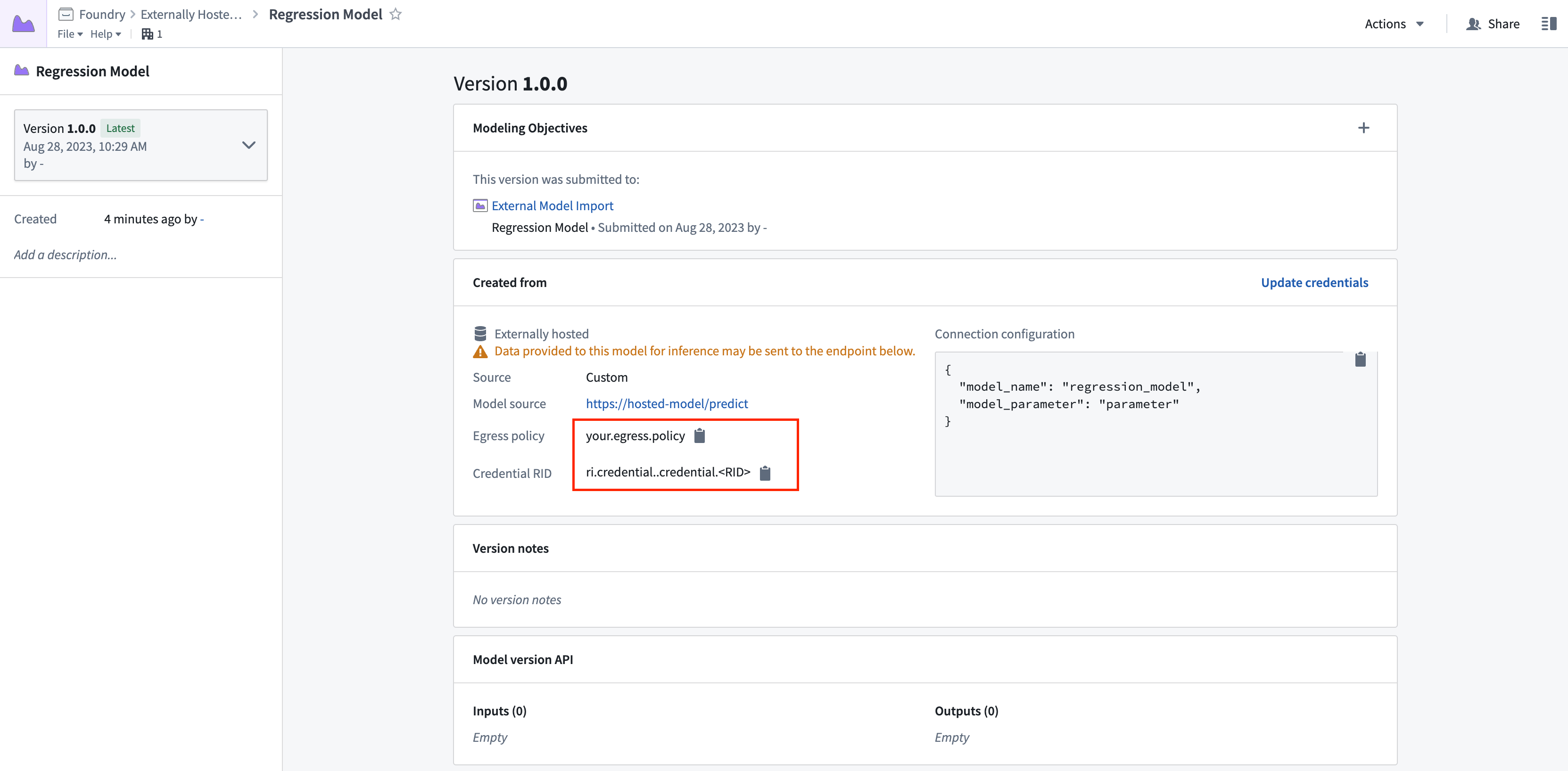 Egress and Credential RIDs in the view for an externally hosted model in Palantir Foundry