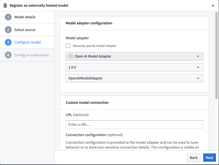 Model Adapter configuration panel for Open AI in Palantir Foundry