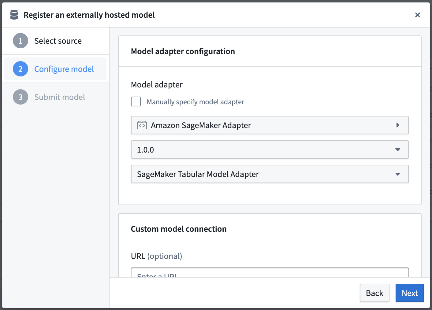 Model Adapter configuration panel for Amazon SageMaker in Palantir Foundry