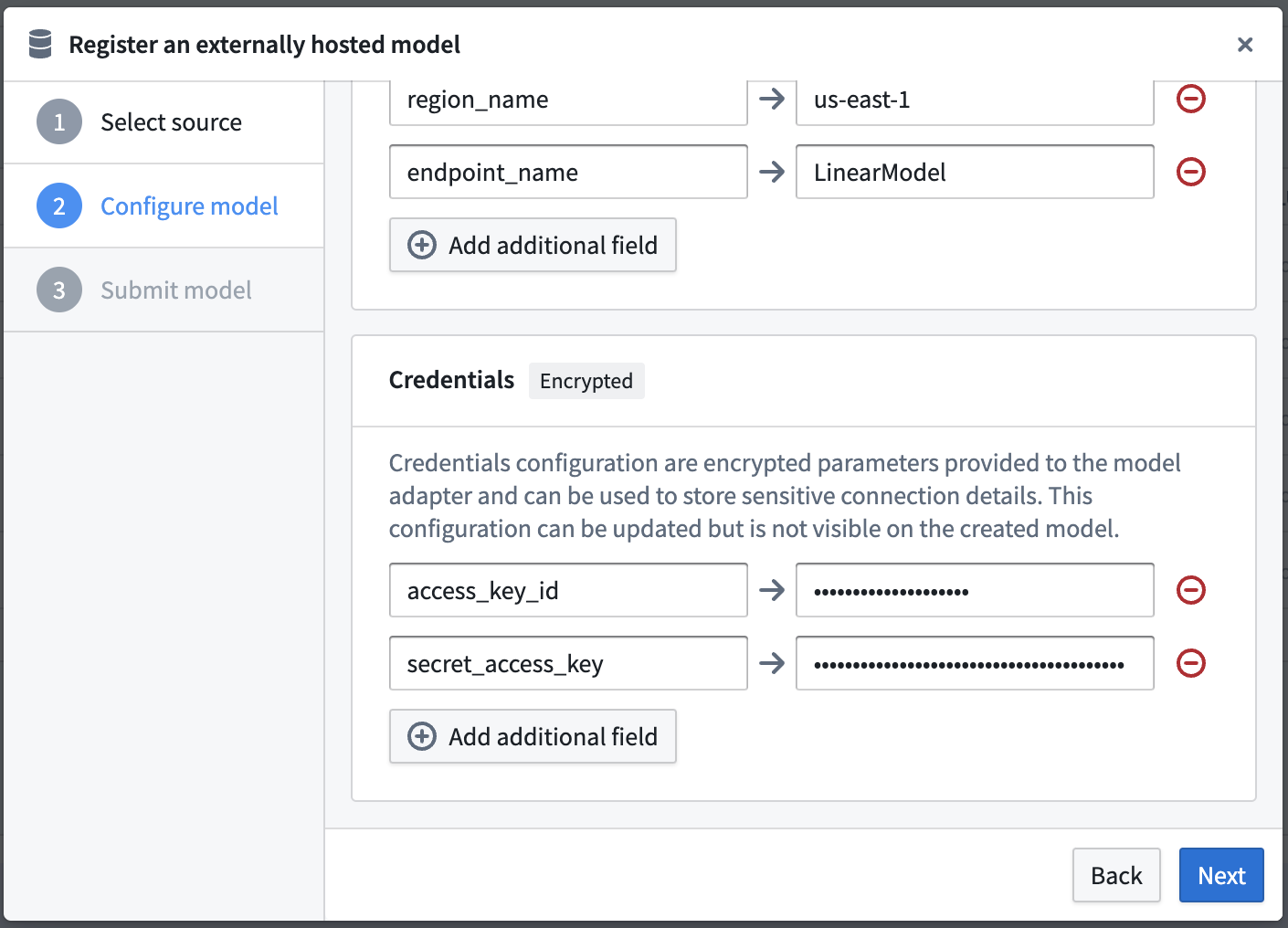 Credentials configuration panel for Amazon SageMaker in Palantir Foundry